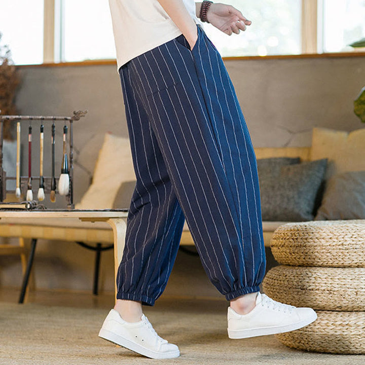 Buddha Stones Pantaloni harem da uomo estivi casual con coulisse e righe, con tasche. - image 22