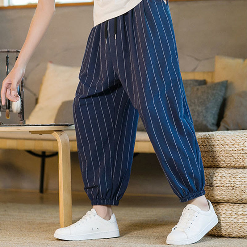 Buddha Stones Pantaloni harem da uomo estivi casual con coulisse e righe, con tasche. - image 24