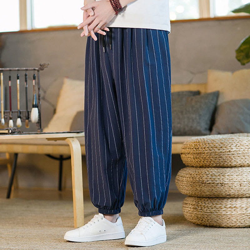 Buddha Stones Pantaloni harem da uomo estivi casual con coulisse e righe, con tasche. - image 25