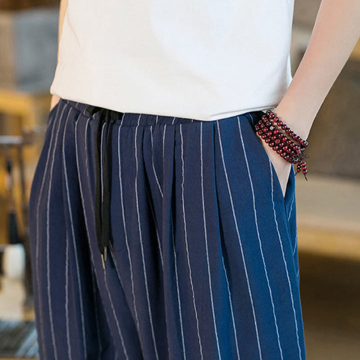 Buddha Stones Pantaloni harem da uomo estivi casual con coulisse e righe, con tasche. - image 28