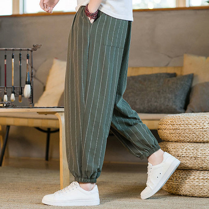 Buddha Stones Pantaloni harem da uomo estivi casual con coulisse e righe, con tasche. - image 36