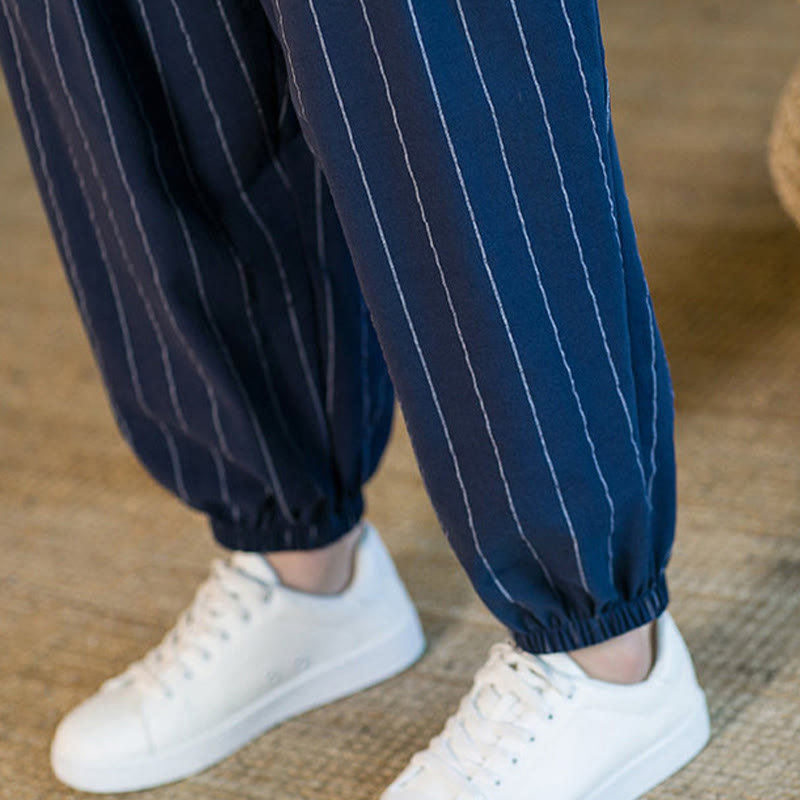 Buddha Stones Pantaloni harem da uomo estivi casual con coulisse e righe, con tasche. - image 31