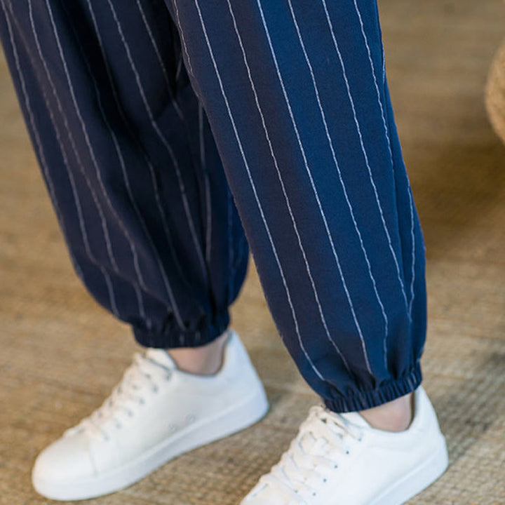 Buddha Stones Pantaloni harem da uomo estivi casual con coulisse e righe, con tasche. - image 31