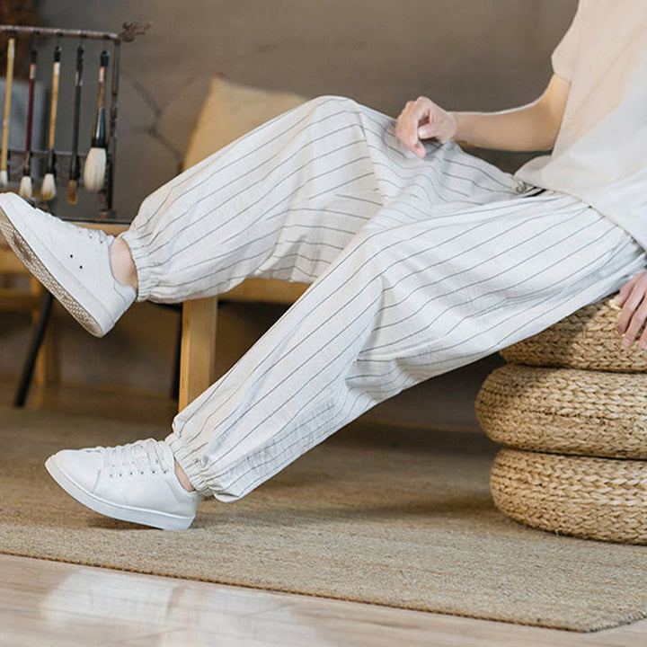 Buddha Stones Pantaloni harem da uomo estivi casual con coulisse e righe, con tasche. - image 50