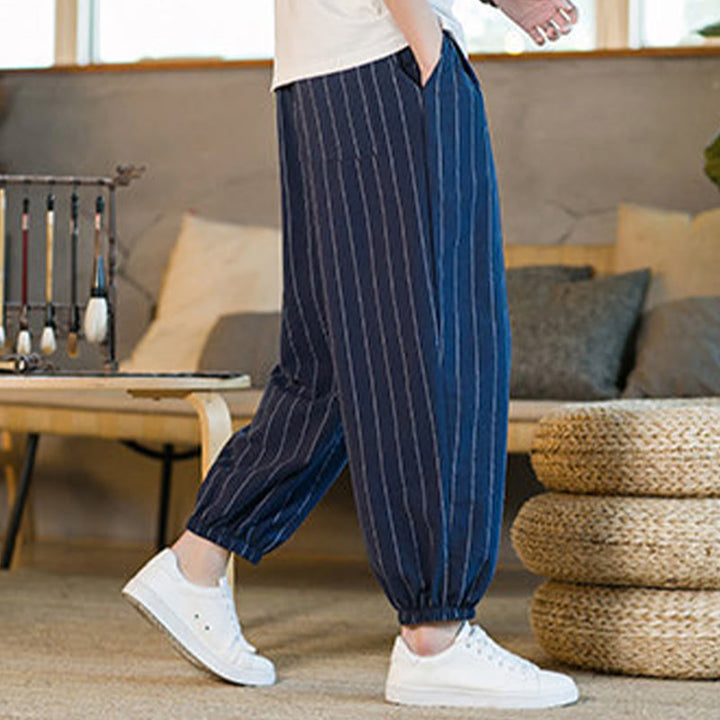 Buddha Stones Pantaloni harem da uomo estivi casual con coulisse e righe, con tasche. - image 26