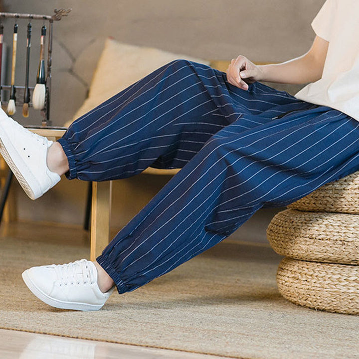 Buddha Stones Pantaloni harem da uomo estivi casual con coulisse e righe, con tasche. - image 27