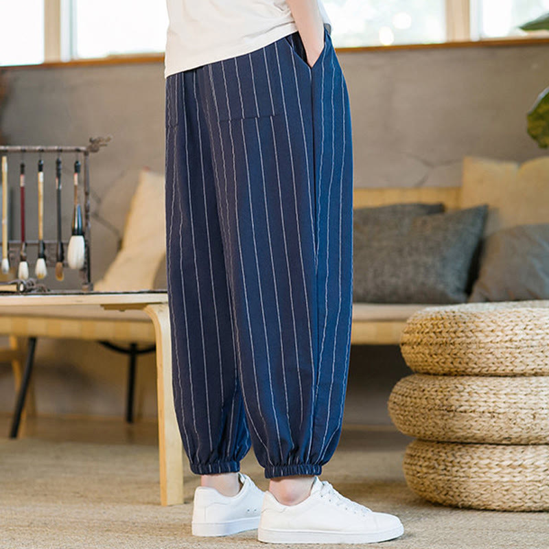 Buddha Stones Pantaloni harem da uomo estivi casual con coulisse e righe, con tasche. - image 23