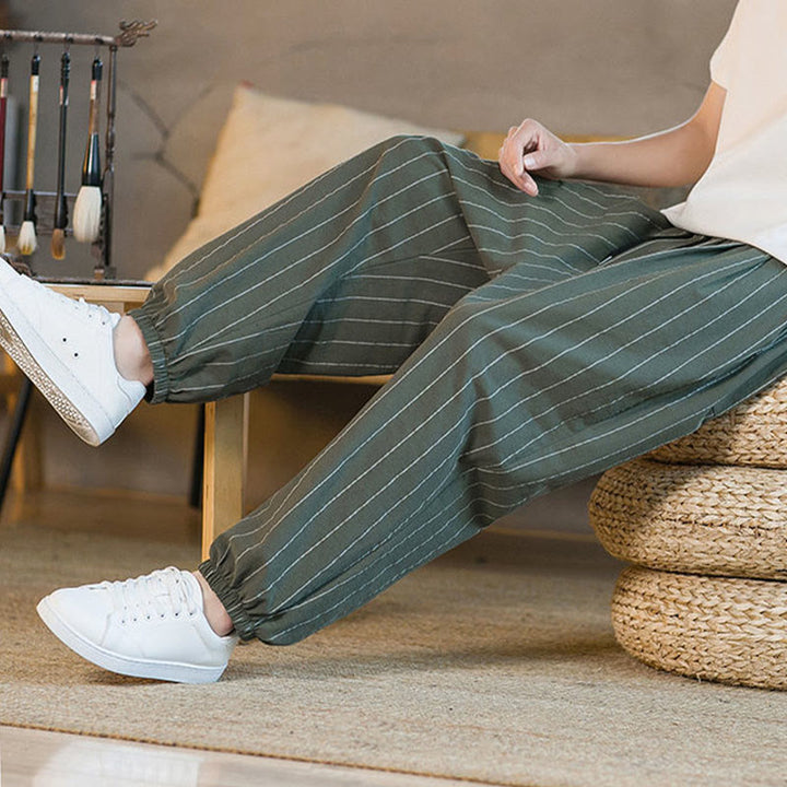 Buddha Stones Pantaloni harem da uomo estivi casual con coulisse e righe, con tasche. - image 41