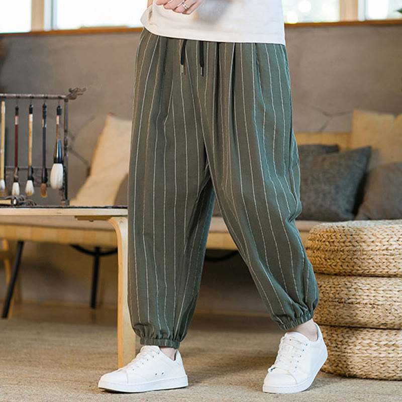 Buddha Stones Pantaloni harem da uomo estivi casual con coulisse e righe, con tasche. - image 39