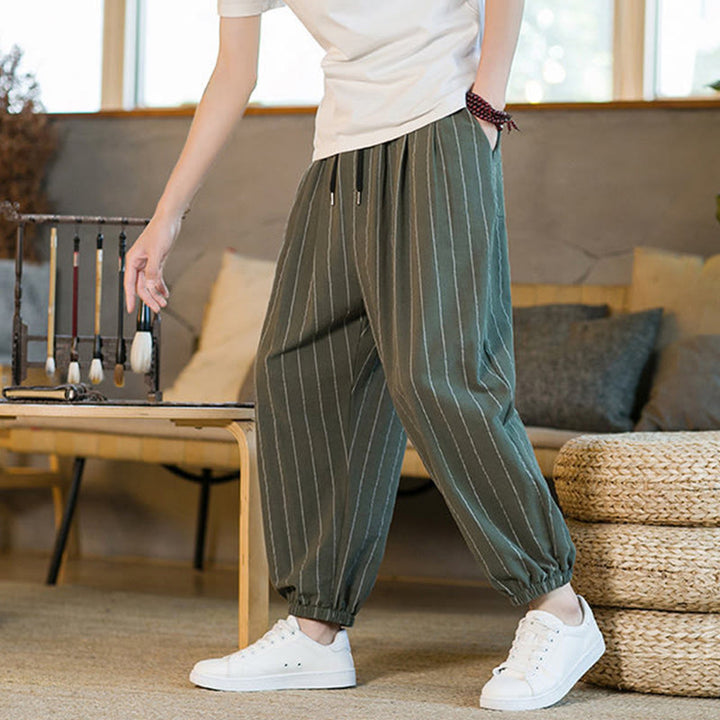 Buddha Stones Pantaloni harem da uomo estivi casual con coulisse e righe, con tasche. - image 34
