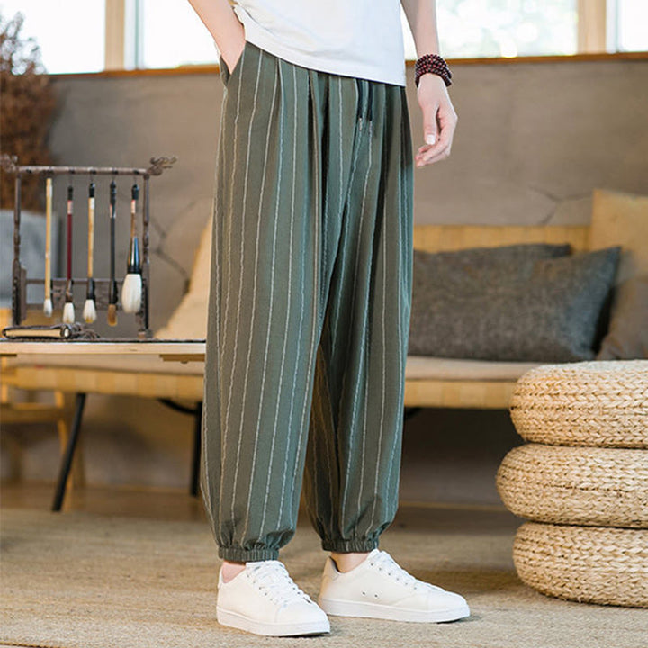 Buddha Stones Pantaloni harem da uomo estivi casual con coulisse e righe, con tasche. - image 38
