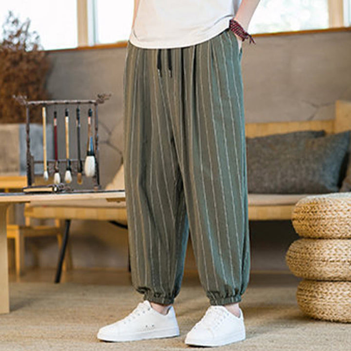 Buddha Stones Pantaloni harem da uomo estivi casual con coulisse e righe, con tasche. - image 37