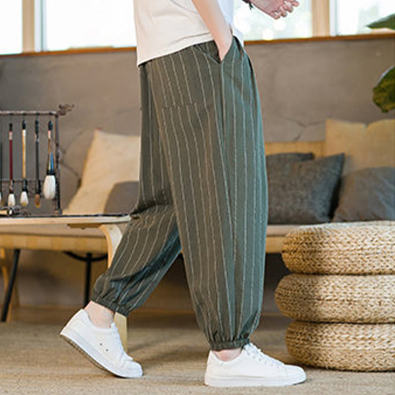 Buddha Stones Pantaloni harem da uomo estivi casual con coulisse e righe, con tasche. - image 40