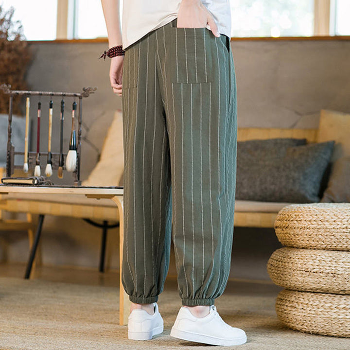 Buddha Stones Pantaloni harem da uomo estivi casual con coulisse e righe, con tasche. - image 35