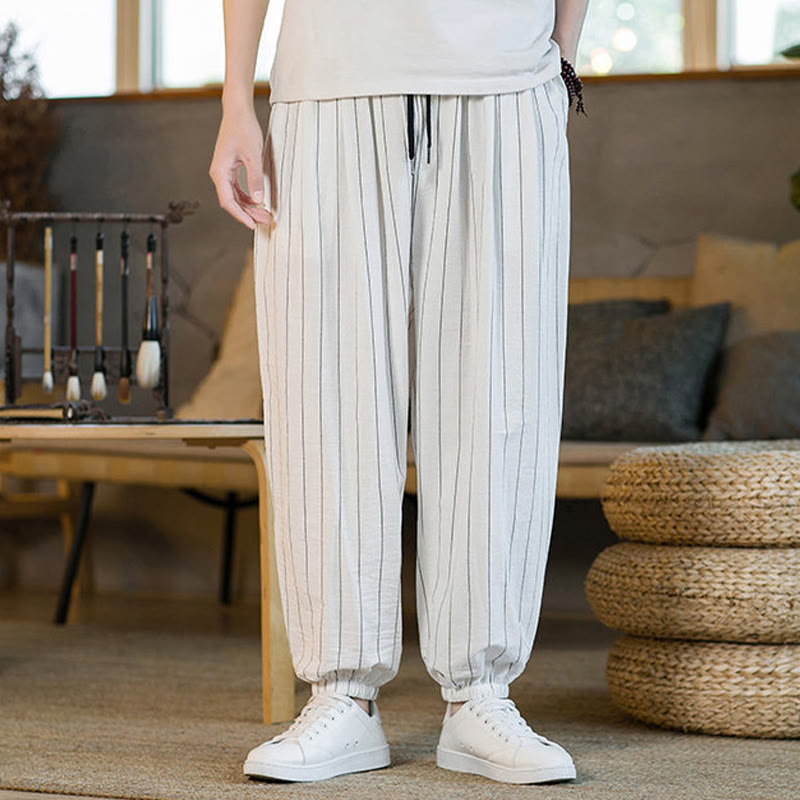 Buddha Stones Pantaloni harem da uomo estivi casual con coulisse e righe, con tasche. - WhiteSmoke - US/UK/AU50, EU60 (5XL) - image 42