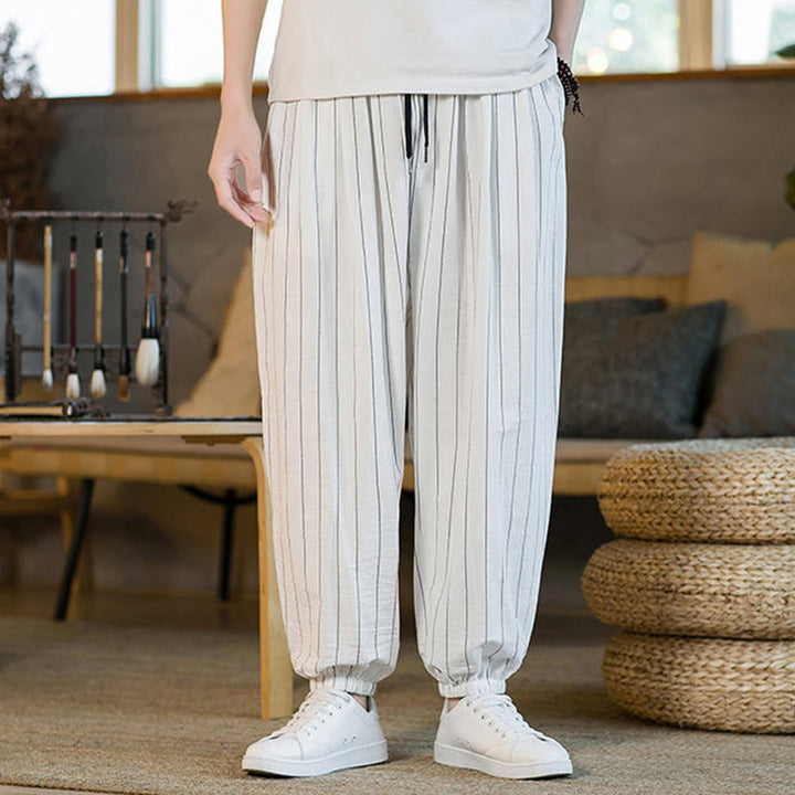 Buddha Stones Pantaloni harem da uomo estivi casual con coulisse e righe, con tasche. - WhiteSmoke - US/UK/AU50, EU60 (5XL) - image 42