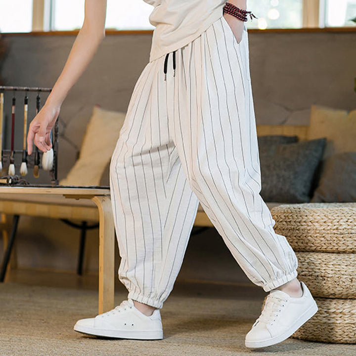 Buddha Stones Pantaloni harem da uomo estivi casual con coulisse e righe, con tasche. - image 46