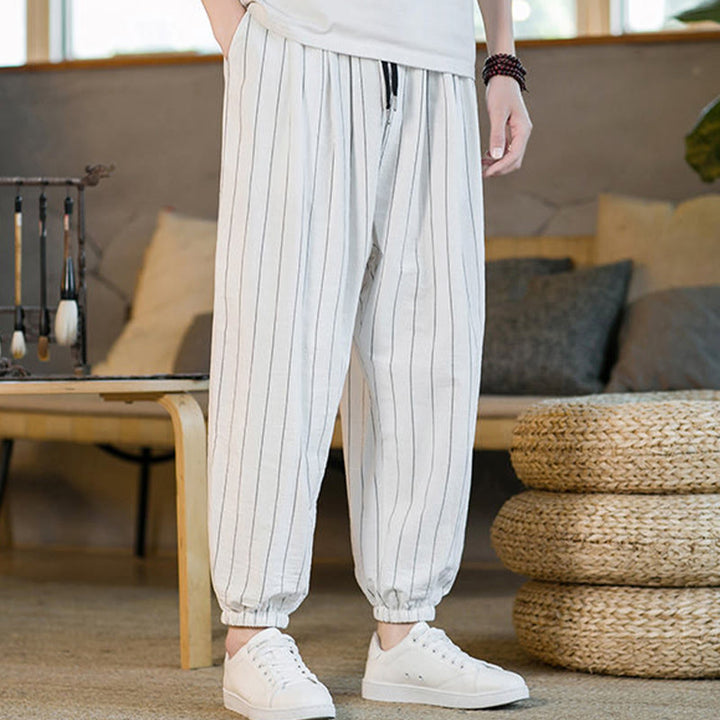 Buddha Stones Pantaloni harem da uomo estivi casual con coulisse e righe, con tasche. - image 45