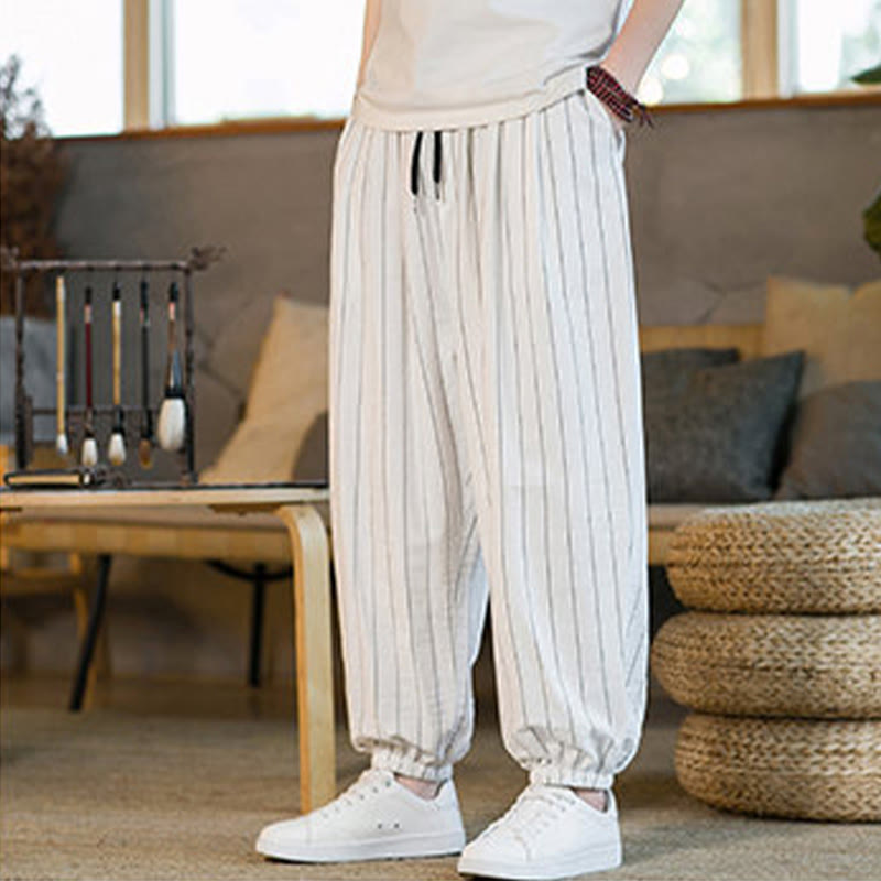 Buddha Stones Pantaloni harem da uomo estivi casual con coulisse e righe, con tasche. - image 44