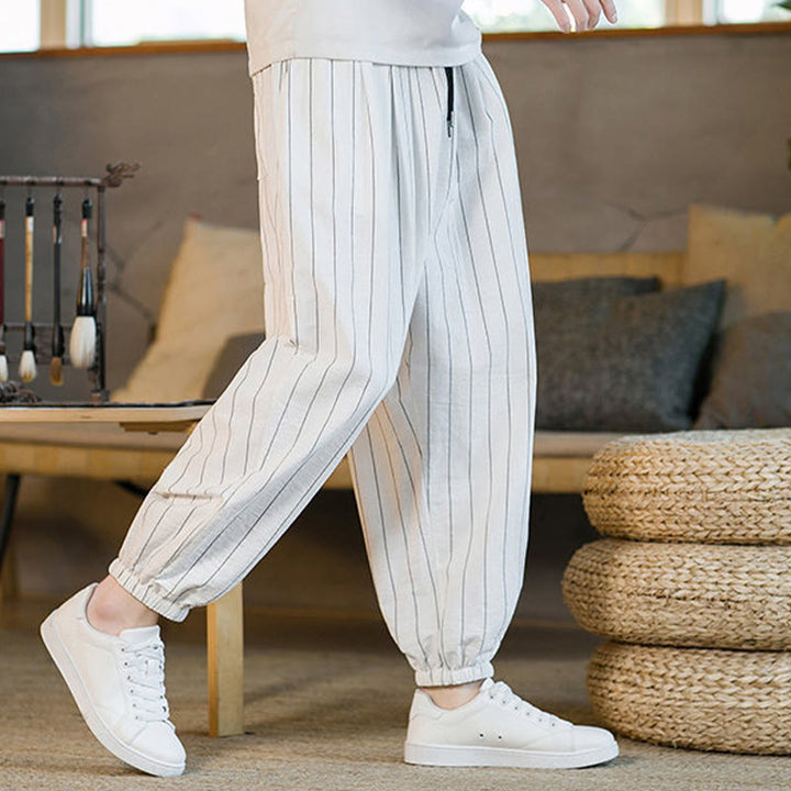 Buddha Stones Pantaloni harem da uomo estivi casual con coulisse e righe, con tasche. - image 49