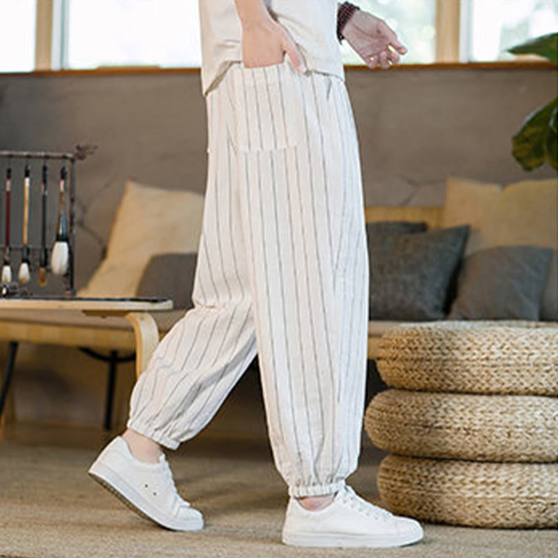 Buddha Stones Pantaloni harem da uomo estivi casual con coulisse e righe, con tasche. - image 48