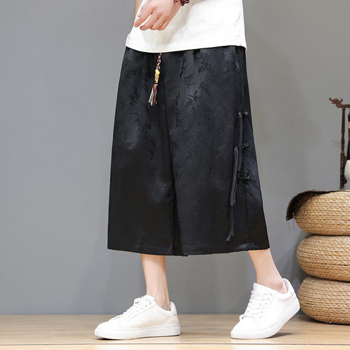 Buddha Stones Pantaloni da uomo a gamba dritta, stile estivo, con bottoni laterali a rana e tasche. - Nero - US/UK/AU48, EU58 (5XL) - image 0
