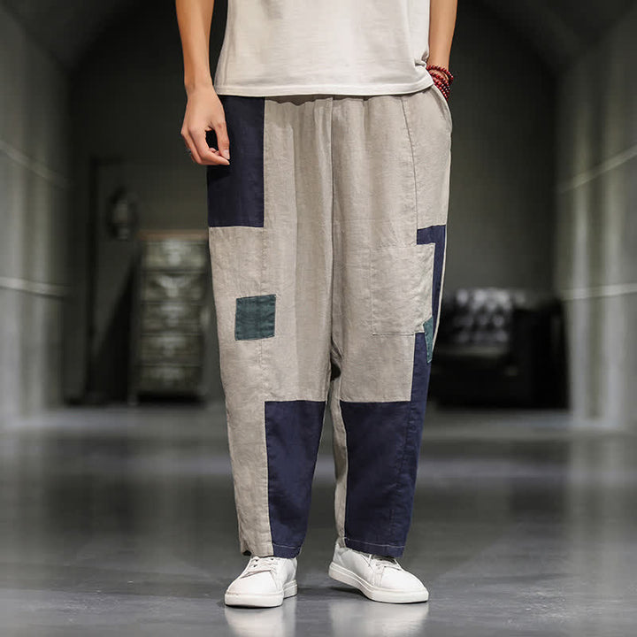 Buddha Stones Pantaloni harem da uomo primaverili casual in cotone e lino con blocchi di colore e tasche. - Beige - US/UK/AU48, EU58 (5XL) - image 0