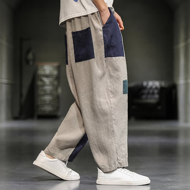 Buddha Stones Pantaloni harem da uomo primaverili casual in cotone e lino con blocchi di colore e tasche. - image 2