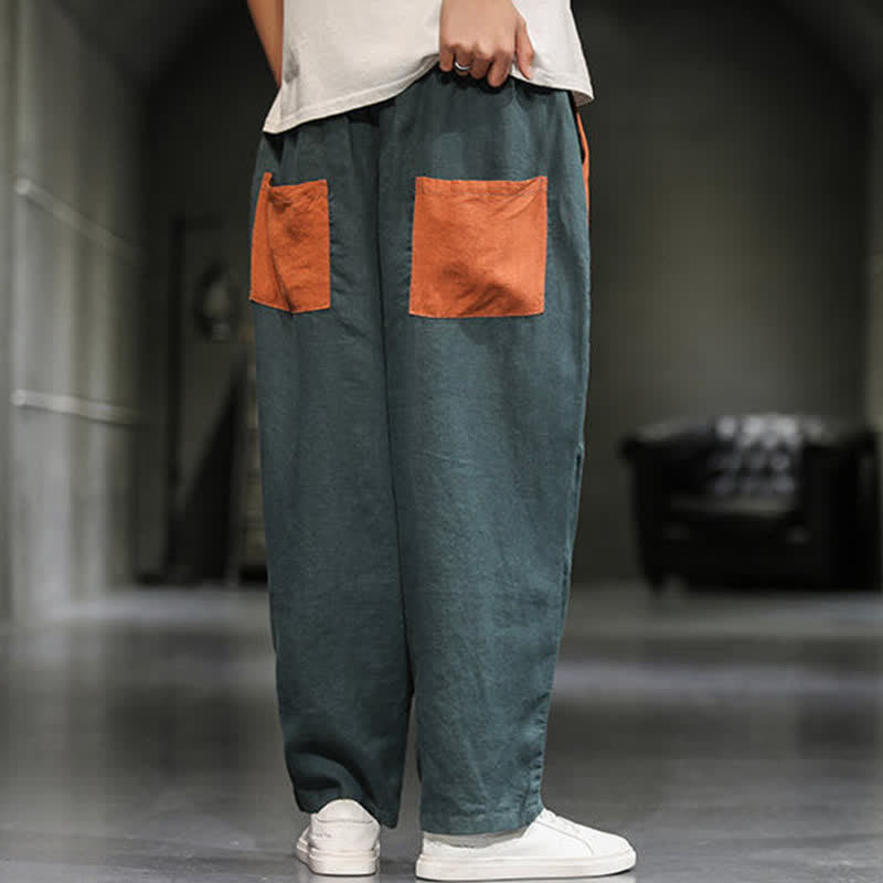Buddha Stones Pantaloni harem da uomo primaverili casual in cotone e lino con blocchi di colore e tasche. - image 14