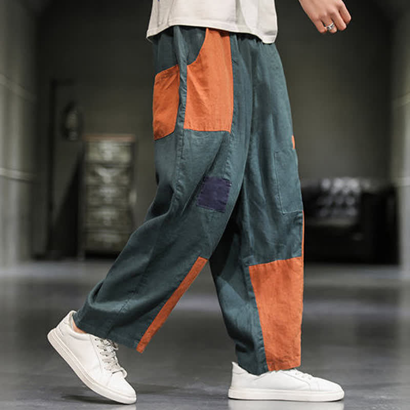 Buddha Stones Pantaloni harem da uomo primaverili casual in cotone e lino con blocchi di colore e tasche. - image 12