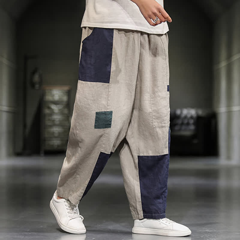 Buddha Stones Pantaloni harem da uomo primaverili casual in cotone e lino con blocchi di colore e tasche. - image 1