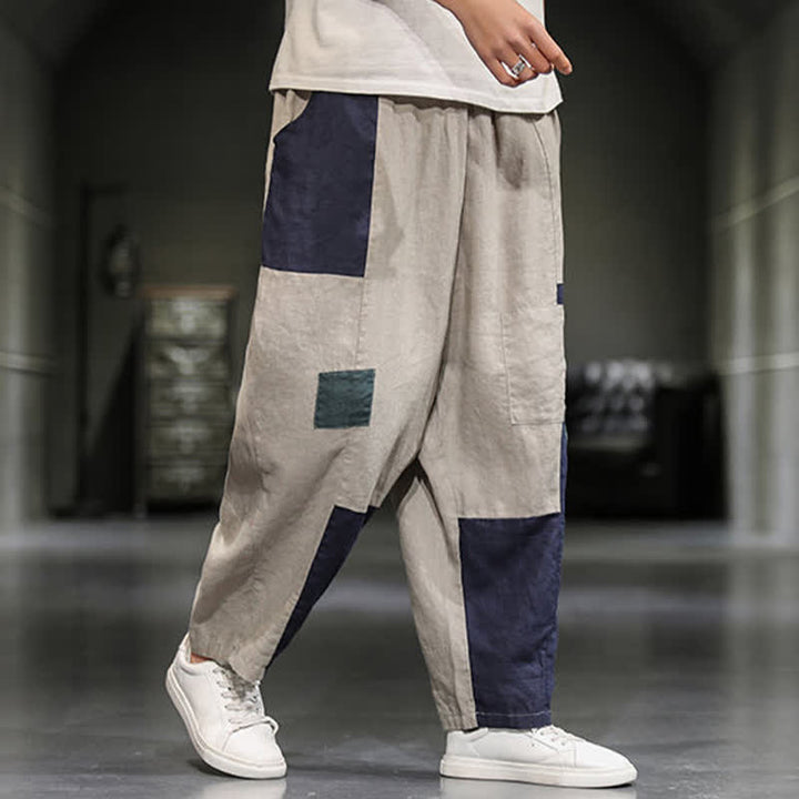 Buddha Stones Pantaloni harem da uomo primaverili casual in cotone e lino con blocchi di colore e tasche. - image 1