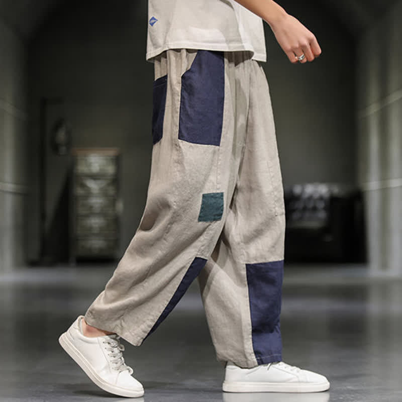 Buddha Stones Pantaloni harem da uomo primaverili casual in cotone e lino con blocchi di colore e tasche. - image 3
