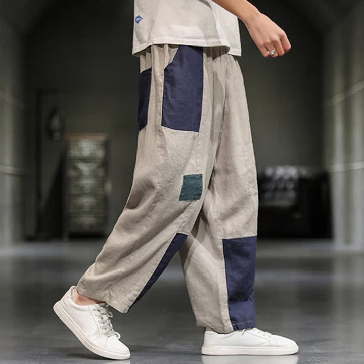 Buddha Stones Pantaloni harem da uomo primaverili casual in cotone e lino con blocchi di colore e tasche. - image 3