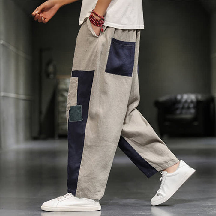 Buddha Stones Pantaloni harem da uomo primaverili casual in cotone e lino con blocchi di colore e tasche. - image 5