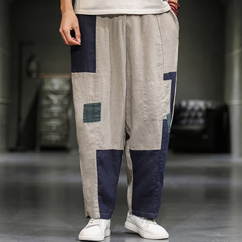 Buddha Stones Pantaloni harem da uomo primaverili casual in cotone e lino con blocchi di colore e tasche. - image 6