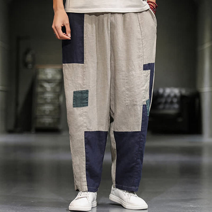 Buddha Stones Pantaloni harem da uomo primaverili casual in cotone e lino con blocchi di colore e tasche. - image 6