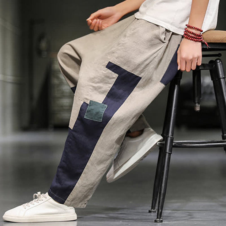 Buddha Stones Pantaloni harem da uomo primaverili casual in cotone e lino con blocchi di colore e tasche. - image 9