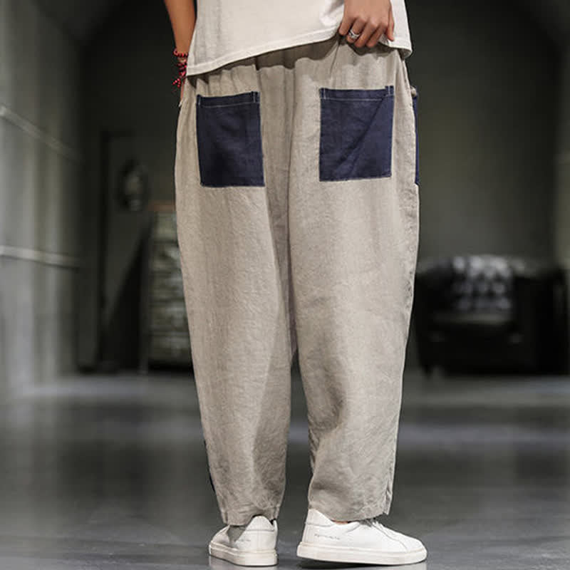 Buddha Stones Pantaloni harem da uomo primaverili casual in cotone e lino con blocchi di colore e tasche. - image 4