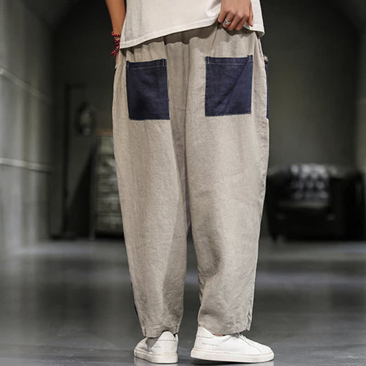 Buddha Stones Pantaloni harem da uomo primaverili casual in cotone e lino con blocchi di colore e tasche. - image 4