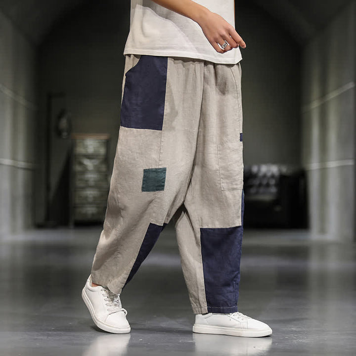 Buddha Stones Pantaloni harem da uomo primaverili casual in cotone e lino con blocchi di colore e tasche. - image 7