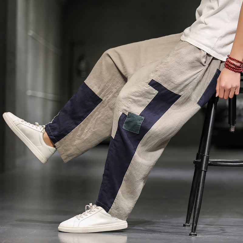 Buddha Stones Pantaloni harem da uomo primaverili casual in cotone e lino con blocchi di colore e tasche. - image 10