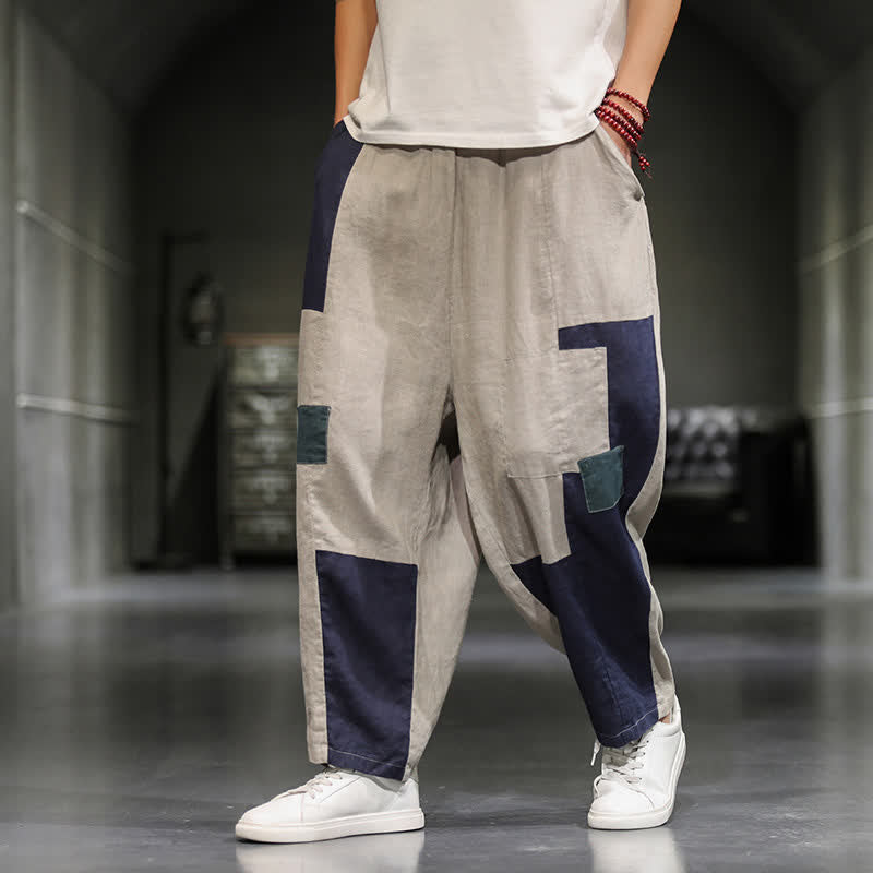 Buddha Stones Pantaloni harem da uomo primaverili casual in cotone e lino con blocchi di colore e tasche. - image 8