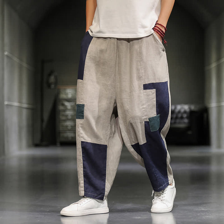 Buddha Stones Pantaloni harem da uomo primaverili casual in cotone e lino con blocchi di colore e tasche. - image 8