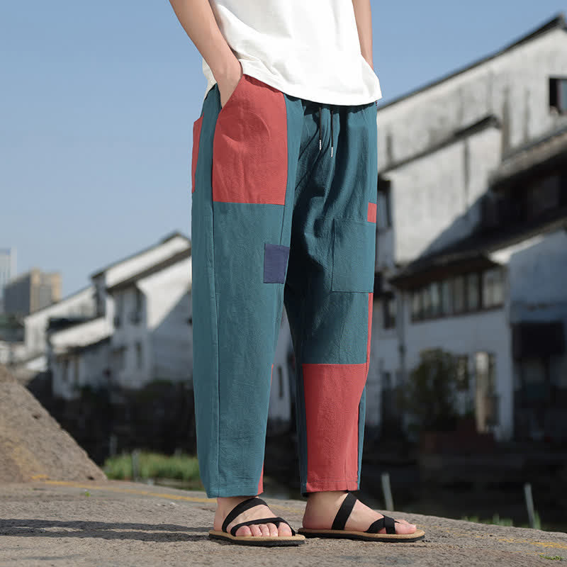 Buddha Stones Pantaloni harem da uomo primaverili casual in cotone e lino con blocchi di colore e tasche. - image 13