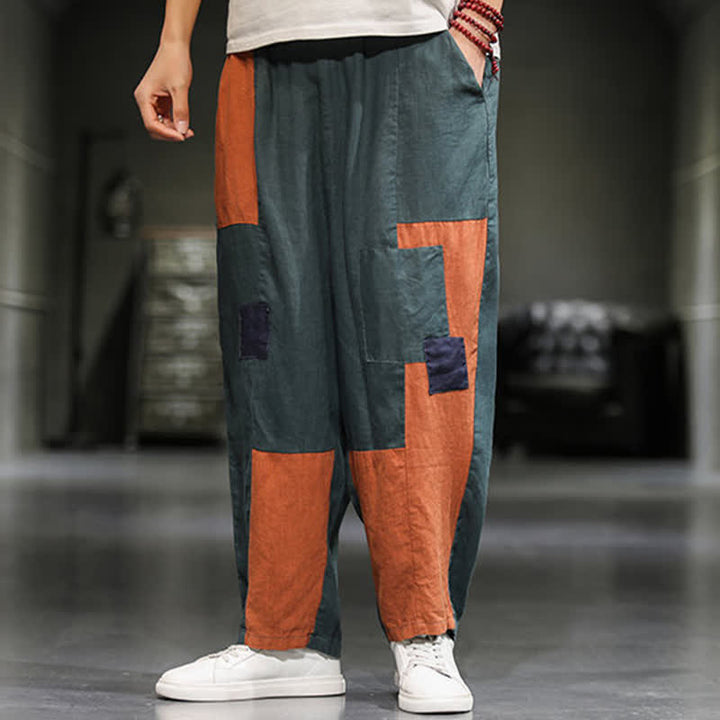 Buddha Stones Pantaloni harem da uomo primaverili casual in cotone e lino con blocchi di colore e tasche. - image 15
