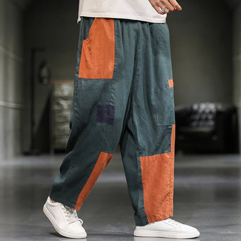 Buddha Stones Pantaloni harem da uomo primaverili casual in cotone e lino con blocchi di colore e tasche. - image 16
