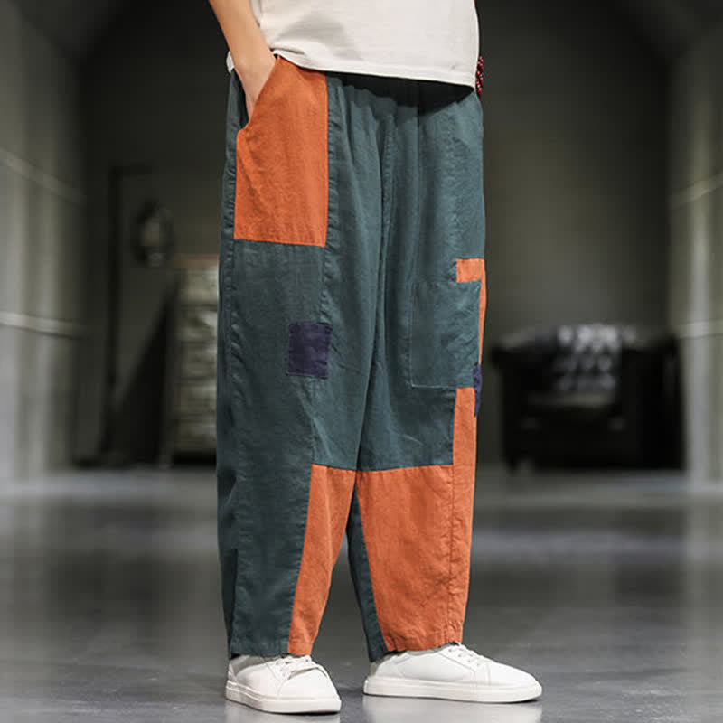 Buddha Stones Pantaloni harem da uomo primaverili casual in cotone e lino con blocchi di colore e tasche. - image 17