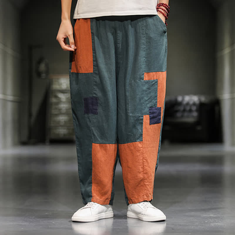 Buddha Stones Pantaloni harem da uomo primaverili casual in cotone e lino con blocchi di colore e tasche. - Cadetto Blu - US/UK/AU48, EU58 (5XL) - image 11