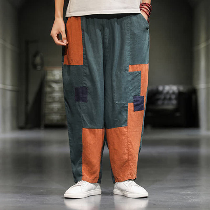 Buddha Stones Pantaloni harem da uomo primaverili casual in cotone e lino con blocchi di colore e tasche. - Cadetto Blu - US/UK/AU48, EU58 (5XL) - image 11